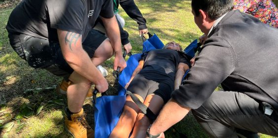 Emergency teachers attending evacuation training at a school
