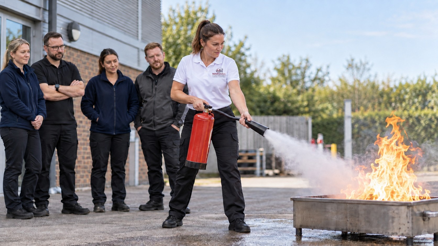 Woman in a white polo demonstrates using a red fire extinguisher to a group of coworkers outdoors as flames rise from a metal tray near a building ground.