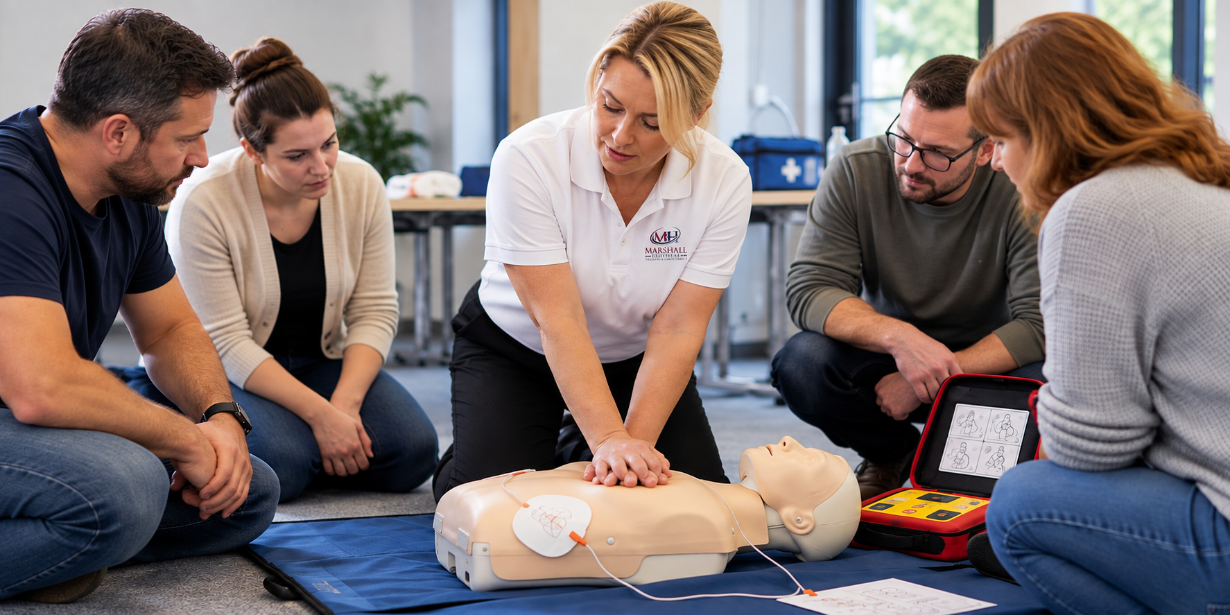 Emergency First Aid at Work training with CPR and AED practice