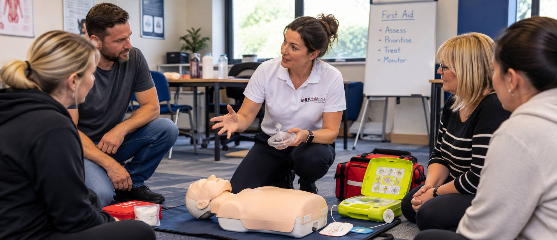 First aid training with CPR and AED practice at Marshall Healthcare