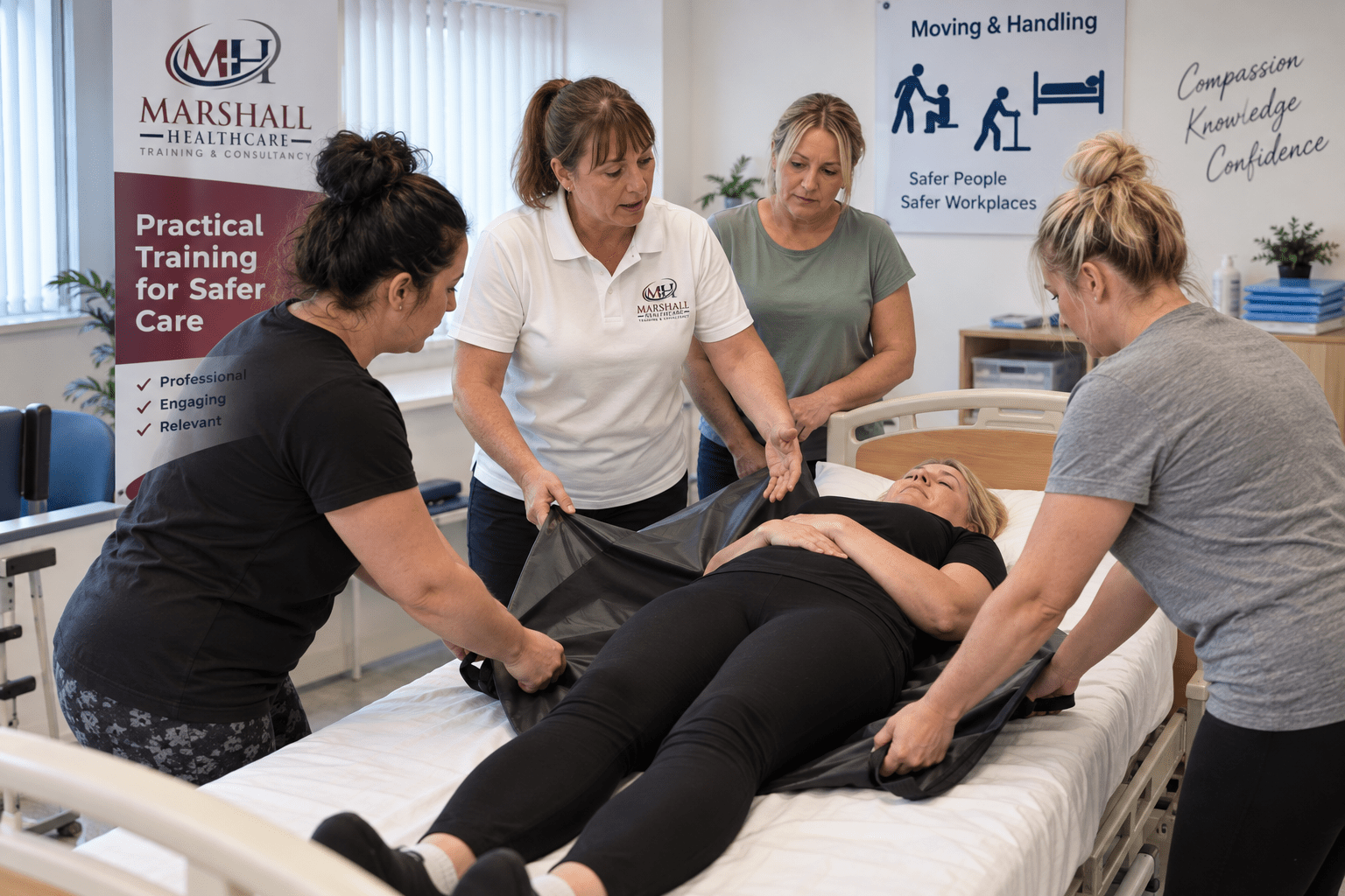 Carers learning how to reposition a person in bed with a slide sheet