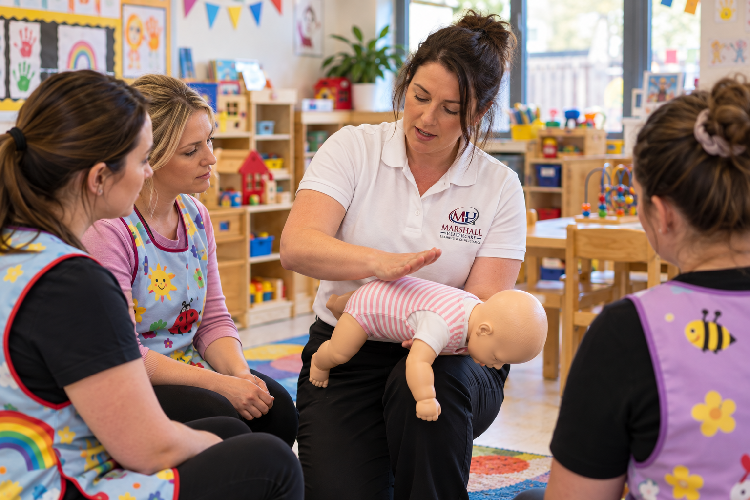 Paediatric First Aid training demonstrating infant choking first aid