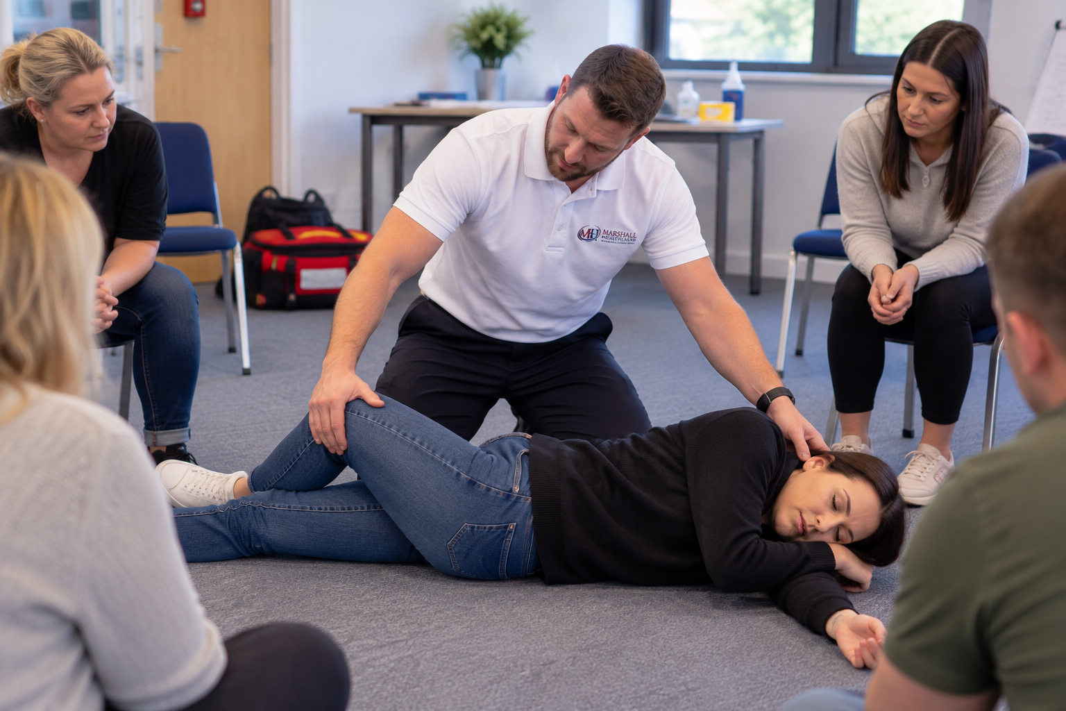 Basic Life Support training demonstrating the recovery position